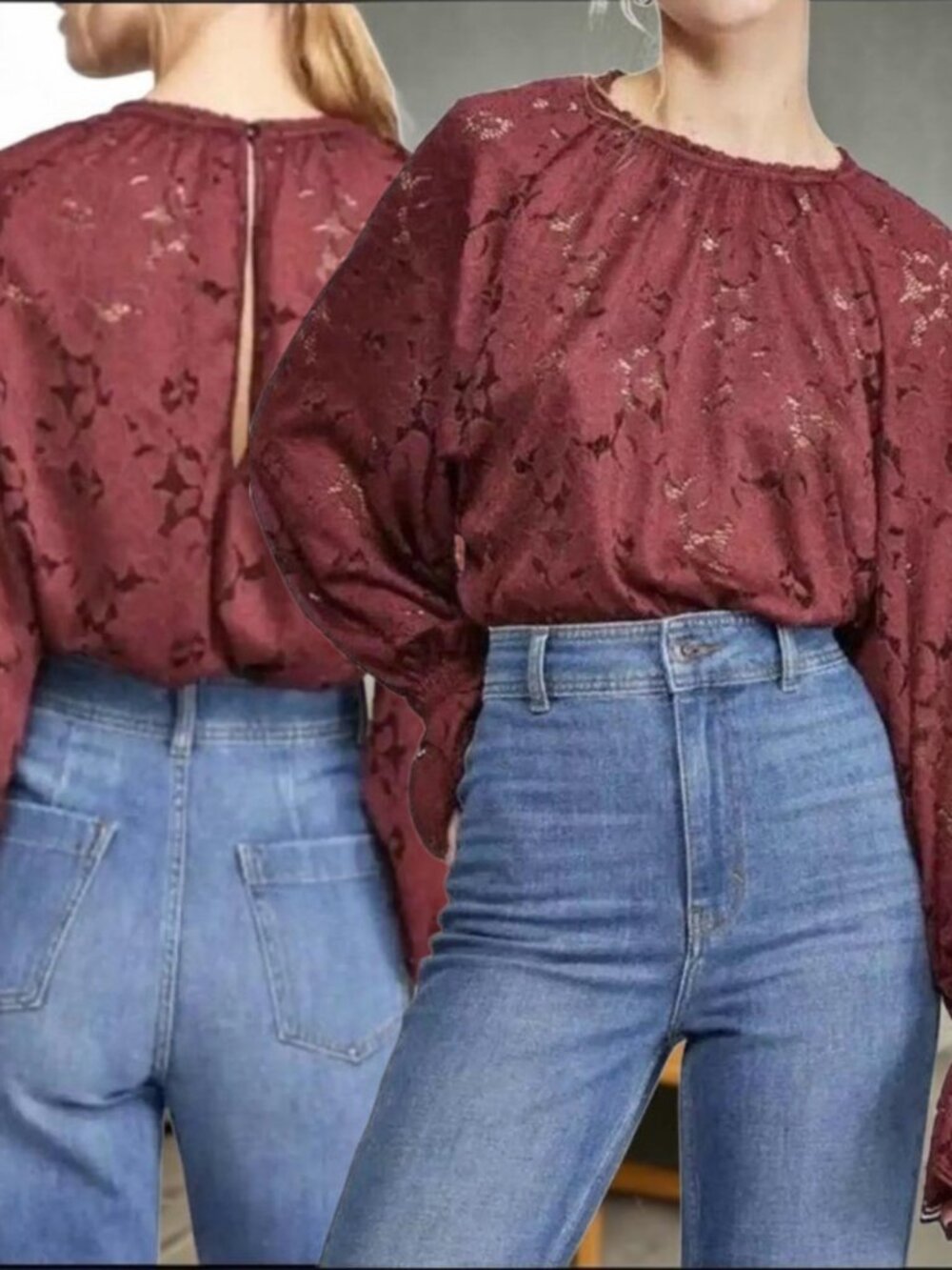 EUC FREE PEOPLE (LG) OLIVIA Wine Lace/Sheer Balloon Sleeve Blouse